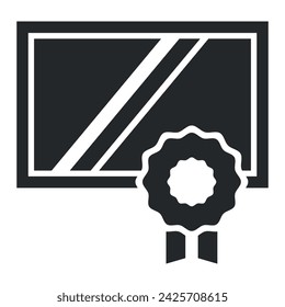 Diploma with medal black minimalist icon education achievement certificate vector flat illustration. Academic graduation award success learning studying document honor qualification guaranty emblem