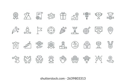 Diploma and medallion for merits, toast and flag thin black and red outline symbols vector illustration. Winner reward and leadership, high quality and qualification, goal achievement line icon set