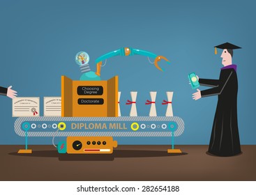 Diploma Mill concept. People get their degrees from illegal online diploma providers or virtual learning assessment universities. Editable Clip art ESP10.