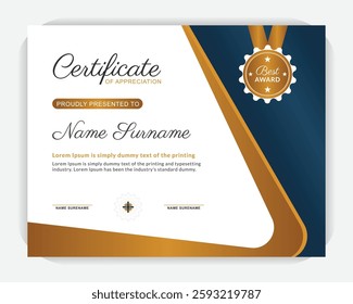 Diploma of modern design or gift certificate. Creative, modern, certificate design. Modern design and modern background vector illustration. Golden color and dark blue color design template
