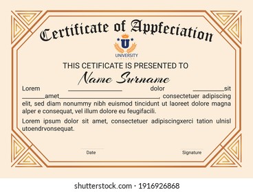 Diploma Of Modern Design Template Or Gift Certificate. Gold Background For Diploma, Deed, Certificate Of Appreciation, Achievement, Attendance, Award Plaque Design.