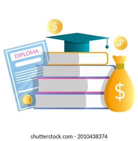 Diploma, money bag, pile of books with graduation hat, flat vector illustration. Education cost. Tuition fee, knowledge value. Investment in education. Scholarship.