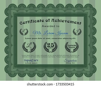 Diploma.  Money design.  With complex linear background.  Detailed.  Green color.