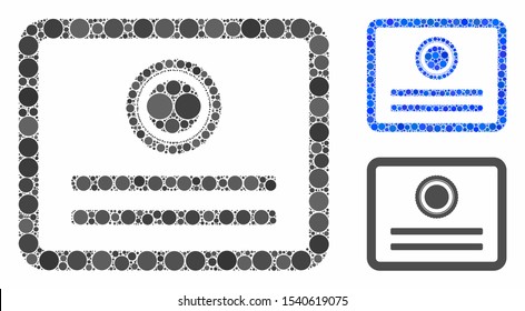Diploma mosaic of spheric dots in variable sizes and color hues, based on diploma icon. Vector dots are grouped into blue mosaic. Dotted diploma icon in usual and blue versions.