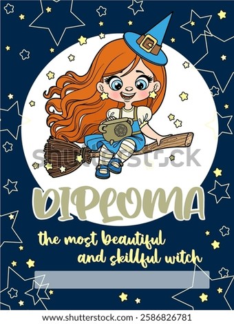 Diploma for the most beautiful and skillful witch with a cute witch flying on a broom against the backdrop of the full moon and stars