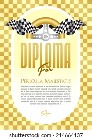 Diploma with a motif of the steering wheel and starting board for the winner of motor sport, motor-sports championship race go-karts, auto veteran, veteran race, historic car ride, cars, trucks