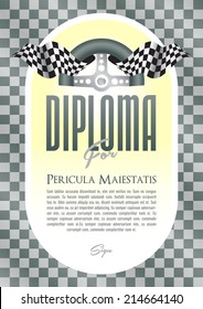 Diploma with a motif of the steering wheel and starting board for the winner of motor sport, motor-sports championship race go-karts, auto veteran, veteran race, historic car ride, cars, trucks
