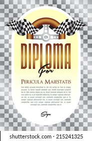 Diploma with a motif of the steering wheel and starting board for the winner of motor sport, motor-sports championship race go-karts, auto veteran, veteran race, historic car ride, cars, trucks