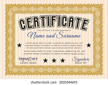 Diploma.  Nice design.  With guilloche pattern and background.  Vector illustration.  Orange color.