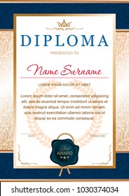 diploma in the official, solemn, chic, Royal style in blue and gold colors, with the image of the crown, and blue wax seal