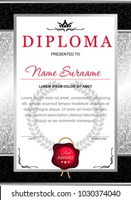 diploma in the official, solemn, chic, Royal style in black and silver colors, with the image of the crown and red wax seal