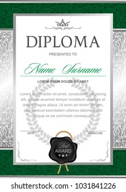 diploma in the official, solemn, chic, Royal style in green and silver colors, with the image of the crown and black wax seal