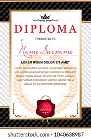 diploma in the official, solemn, chic, Royal style in black and gold tones, with the image of the crown and red wax seal on the background of chess black and white texture