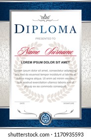 Diploma in the official, solemn, elegant, Royal style in blue and silver tones, with the image of the crown