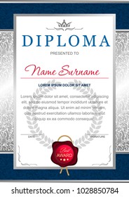 diploma in the official, solemn, Royal style in blue and silver colors, with the image of the crown and red wax seal