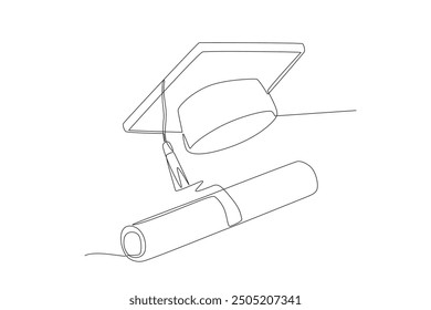 Diploma on graduation cap. Graduation hats concept one-line drawing