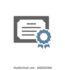 Diploma paper black vector icon. Degree certificate with badge simple glyph symbol.