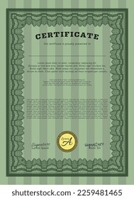 Diploma.  Perfect design.  With guilloche pattern and background.    Green color.