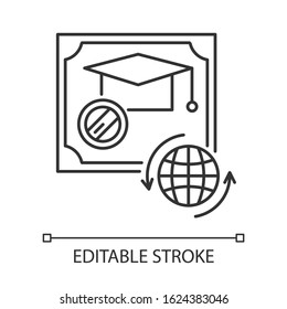 Diploma pixel perfect linear icon. School certificate. Graduation confirmation. Academic document. Thin line customizable illustration. Contour symbol. Vector isolated outline drawing. Editable stroke