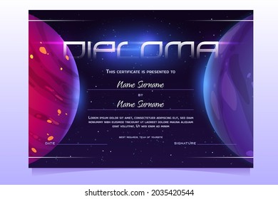 Diploma with planets in space, astronomy science educational certificate with solar system or alien galaxy objects. Graduation or award frame for students with cosmic world, Cartoon vector template