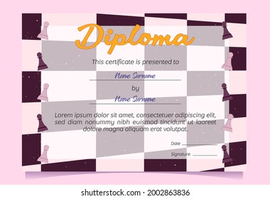 Diploma presented to winner in chess game. Vector certificate template for award merit in competition or celebration graduation with cartoon chessboard pattern and pawns