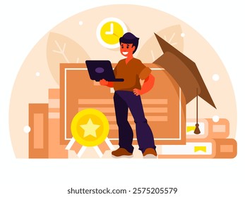 Diploma in programming. Programmer standing with laptop. Man holding a laptop. Diploma and graduation hat. Education concept. Degree certificate. Vector graphics