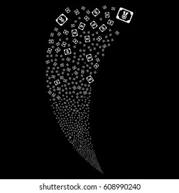 Diploma random fireworks stream. Vector illustration style is flat white iconic symbols on a black background. Object fountain combined from scattered pictograms.