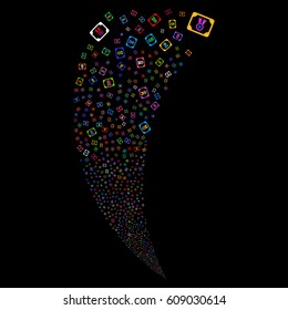 Diploma random fireworks stream. Vector illustration style is flat bright multicolored iconic symbols on a black background. Object fountain made from scattered pictographs.