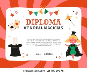 Diploma of real magician. Female circus certificate template. Party frame with copy space. Cute wizard girl in costume, rabbit in top hat, confetti of stars, playing cards. Vector illustration.