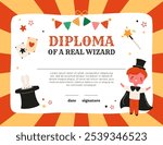 Diploma of real wizard. Circus certificate with sunbeam frame, cute magician boy, bunny in top hat. Bunting with flags. Birthday, party, event banner template with copy space. Vector illustration.