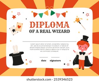 Diploma do mago real. Certificado de circo com quadro de raio de sol, menino mágico bonito, coelho em chapéu superior. Bunting com bandeiras. Aniversário, grupo, modelo de banner de evento com espaço para cópia. Ilustração vetorial.