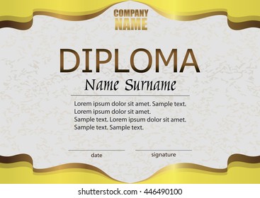 Diploma. Reward. Winning the competition. Award winner. Horizontal elegant yellow gold template. The text on separate layer. Vector illustration.