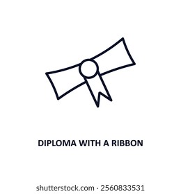 diploma with a ribbon outline icon.  Thin line icon from education collection. Editable vector isolated on white background