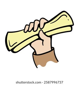 Diploma, a roll of paper in his hand. Simple hand-drawn vector illustration. Children's drawing for sticker, book, print, advertisement, poster