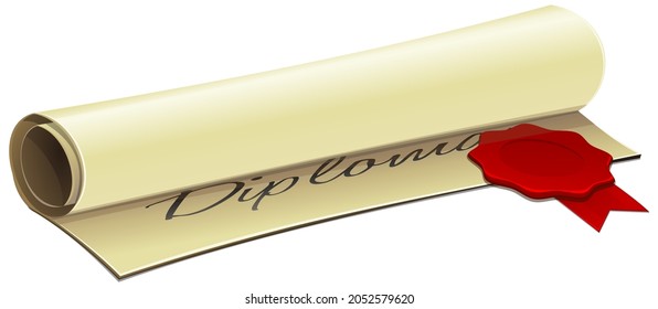 Diploma Rolled Up On Old Paper With Its Red Stamp Sticking Out (cut Out)
