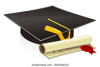 Diploma Rolled Up On Old Paper With Its Red Stamp And A Mortarboard