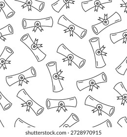 Diploma rolled pattern background. Seamless pattern diploma rolled doodle. Diploma paper roll pattern design. Graduation concept vector design. 