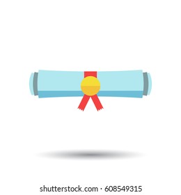 Diploma rolled scroll flat design icon. Finish education symbol. Graduation day celebration element. Scroll vector illustration on white background.