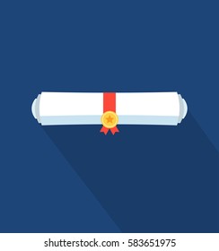 Diploma rolled scroll icon in trendy flat style. Web site page and mobile app design element. Flat design in stylish colors. Isolated. Long Shadow. 