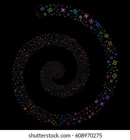 Diploma salute portal spiral. Vector bright multicolored scattered icons.