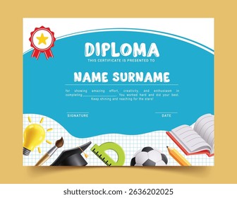 Diploma school certificate template clipart. School diploma graduation editable clip art for preschool, kindergarten and kids primary completion design vector illustration. 
