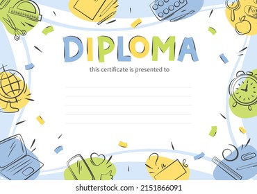 Diploma of school children. Sample elementary school kids certificate. Vector illustration