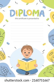 Diploma of school children. Sample elementary school kids certificate. Boy reading book, background with school supplies. Vector illustration