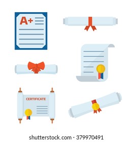 Diploma scroll collection. Graduation diploma, A+ paper and rolled test blank icon set. Different documents and certificates.