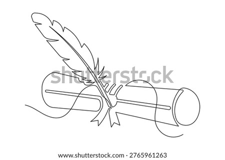 Diploma scroll with feather pen continuous one line minimalist outline vector