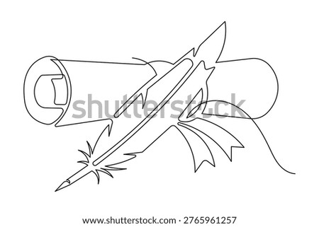Diploma scroll and feather pen single line minimalist outline vector art
