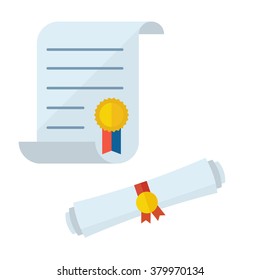 Diploma Scroll And Graduation Certificate Of Achievement Icons In Flat Design. Unrolled And Rolled Diplomas Paper Icon With Stamp. Graduation Test Blank.