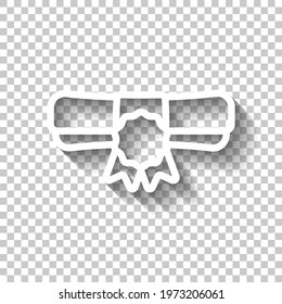Diploma scroll, graduation certificate, simple icon. White linear icon with editable stroke and shadow on transparent background