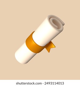 Diploma scroll icon. 3D representation of a university certificate, business license, or graduation document.