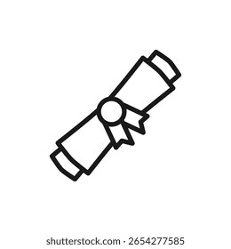Diploma scroll - line icon with editable stroke. Linear, outline certificate symbol rolled and tied with ribbon. Isolated on white background. Vector illustration